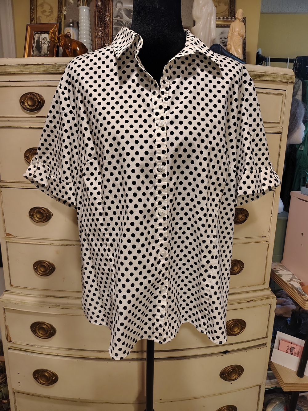 George Black and White Polka Dot Button-Up Blouse